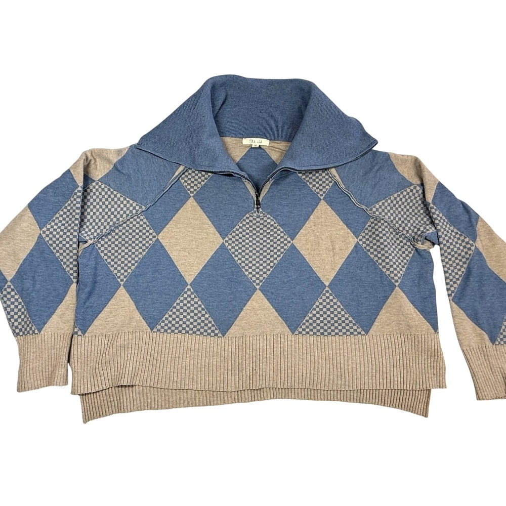 Oli & Hali Sweater Women Sz M Argyle Half Zip Pullover Oversized Slouchy Boho